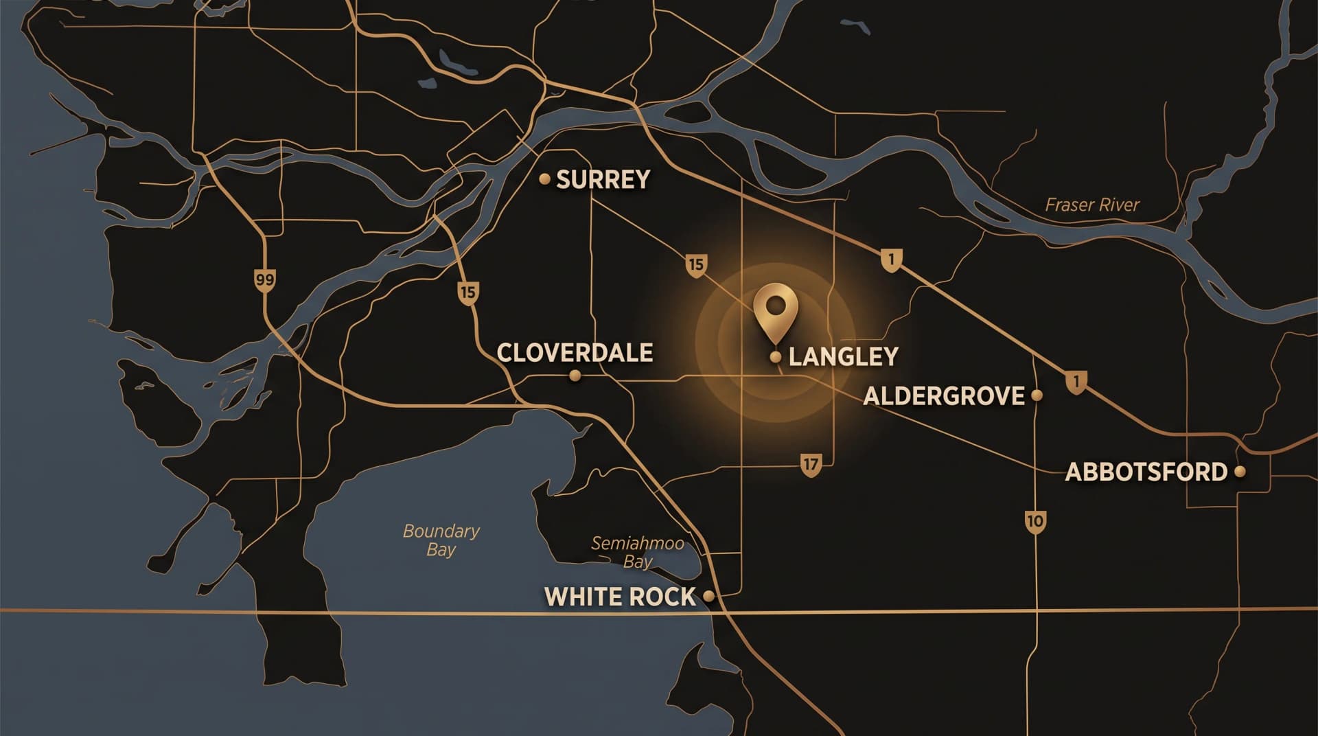 Detail of my Fraser Valley coverage map, centred on Langley, BC.