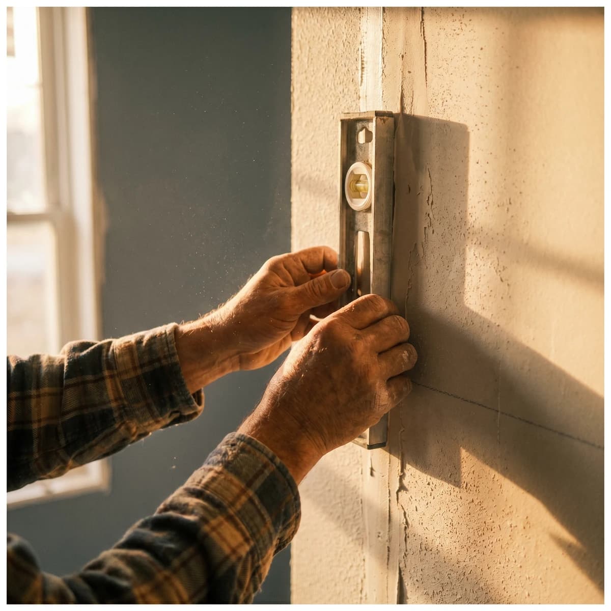 Craftsman's hands setting a level on a freshly-mudded drywall seam