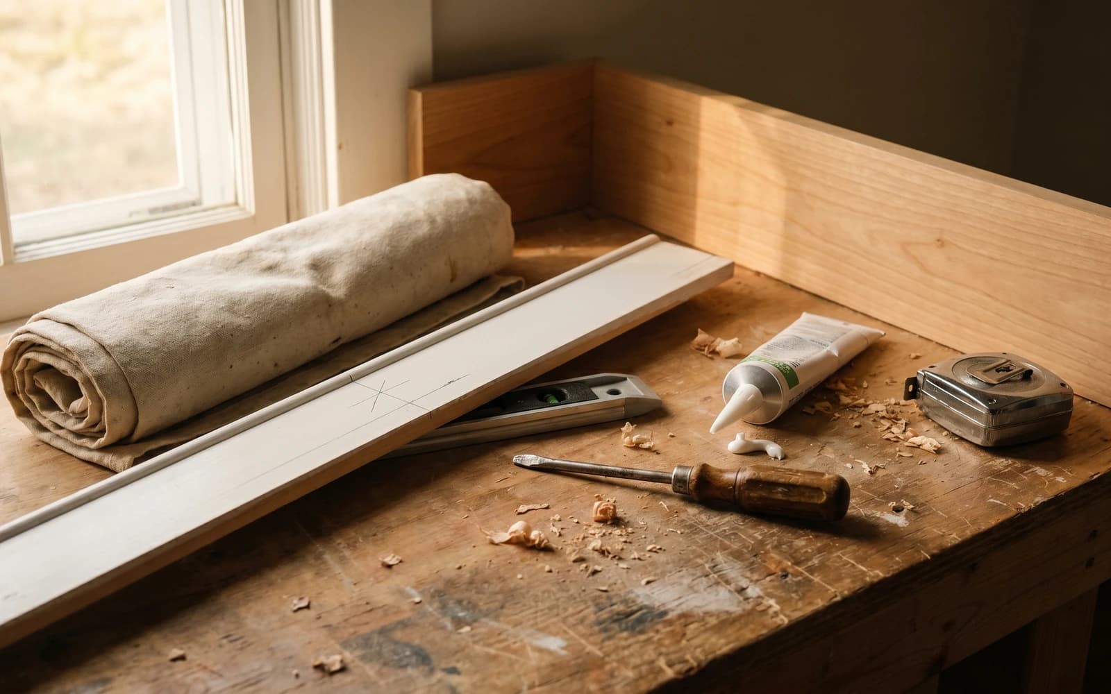 A rolled drop cloth, white trim board, spirit level, caulking tube, wood-handled screwdriver, and tape measure laid out on a workbench by a window